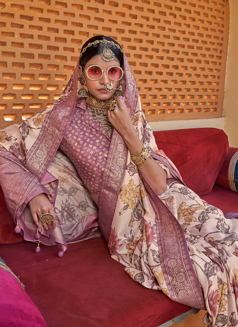 Monjolika Fashion Cream Floral Print Silk Blend Saree - Distacart