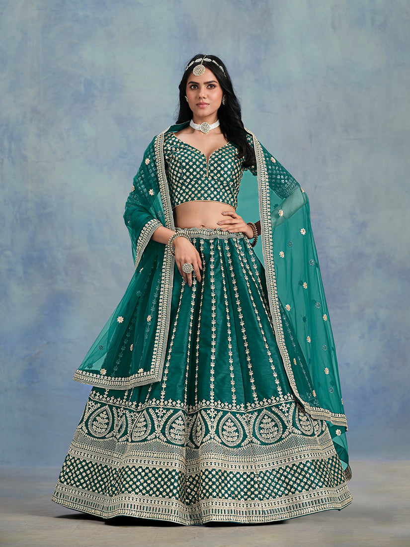 Monjolika Fashion Art Silk Embroidered Teal Designer Lehenga Choli