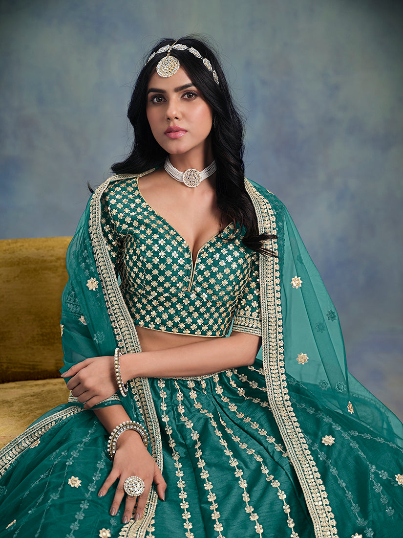 Monjolika Fashion Art Silk Embroidered Teal Designer Lehenga Choli