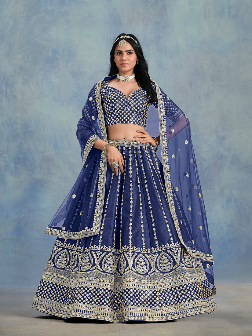 Monjolika Fashion Art Silk Embroidered Blue Designer Lehenga Choli - Distacart