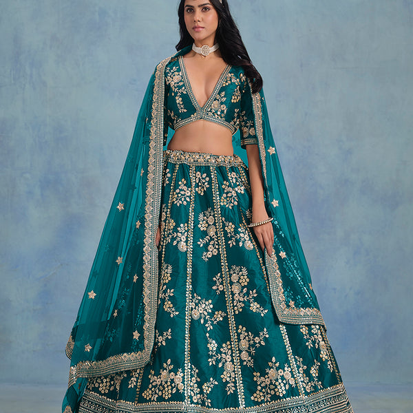 Monjolika Fashion Rama Green Art Silk Designer Wedding Lehenga Choli - Distacart