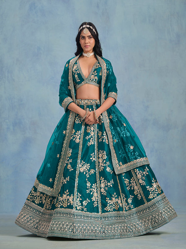 Monjolika Fashion Rama Green Art Silk Designer Wedding Lehenga Choli