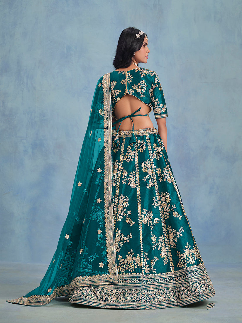 Monjolika Fashion Rama Green Art Silk Designer Wedding Lehenga Choli