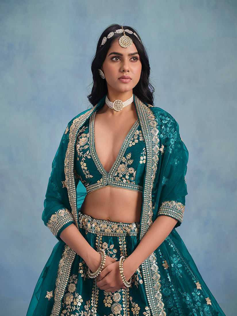 Monjolika Fashion Rama Green Art Silk Designer Wedding Lehenga Choli