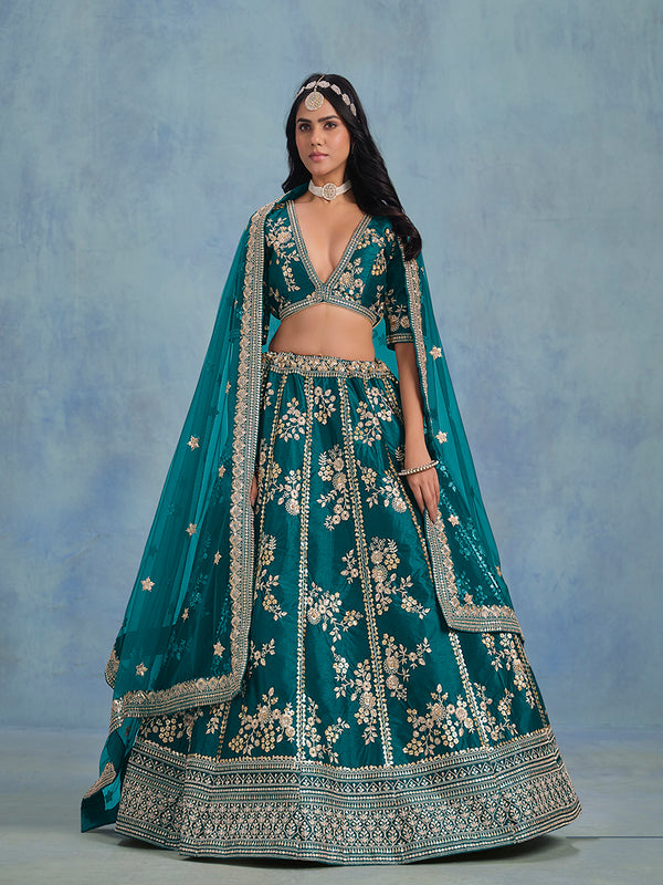 Monjolika Fashion Rama Green Art Silk Designer Wedding Lehenga Choli