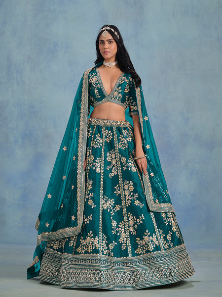 Monjolika Fashion Rama Green Art Silk Designer Wedding Lehenga Choli