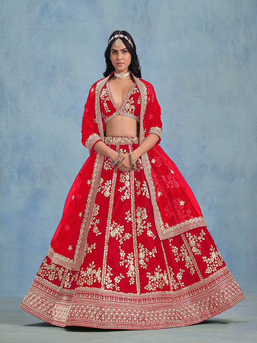 Monjolika Fashion Red Art Silk Designer Wedding Lehenga Choli
