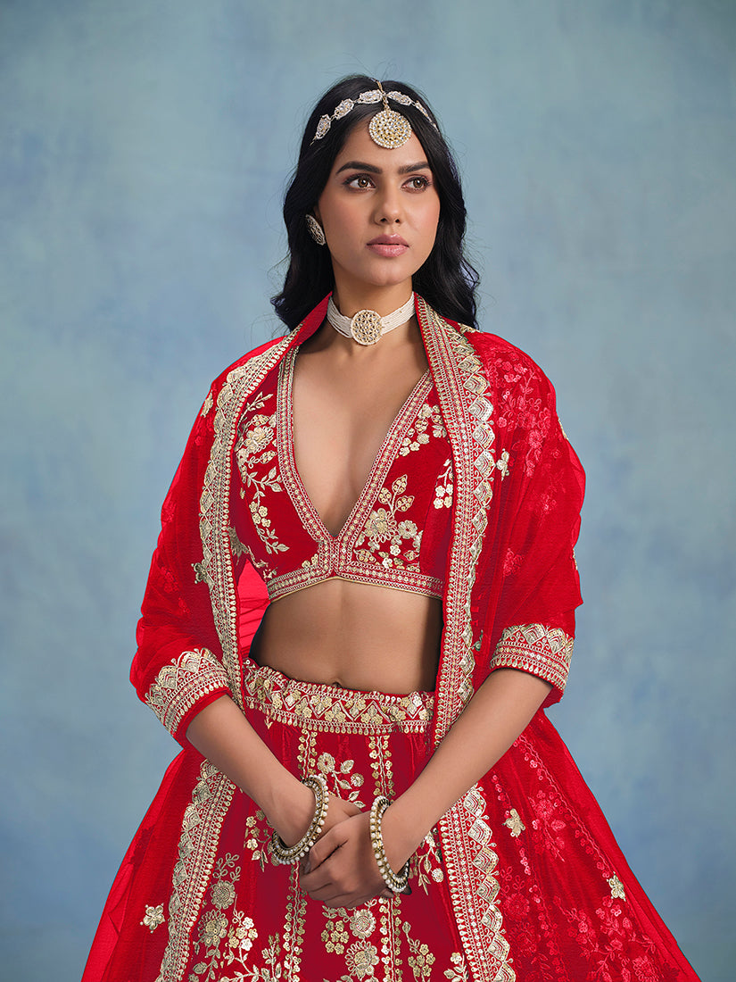 Monjolika Fashion Red Art Silk Designer Wedding Lehenga Choli