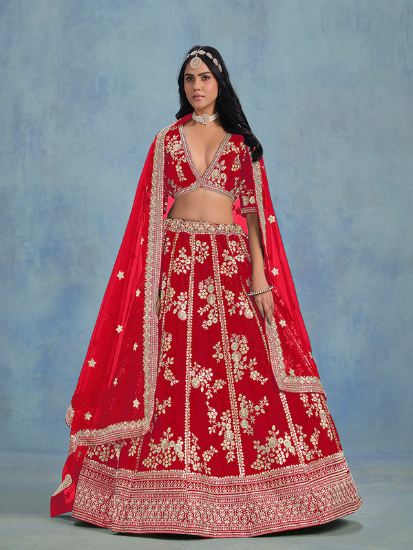 Monjolika Fashion Red Art Silk Designer Wedding Lehenga Choli