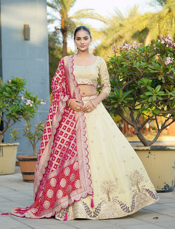 Monjolika Fashion Embroidered Work Viscose Trendy Lehenga Choli in Cream for Festival