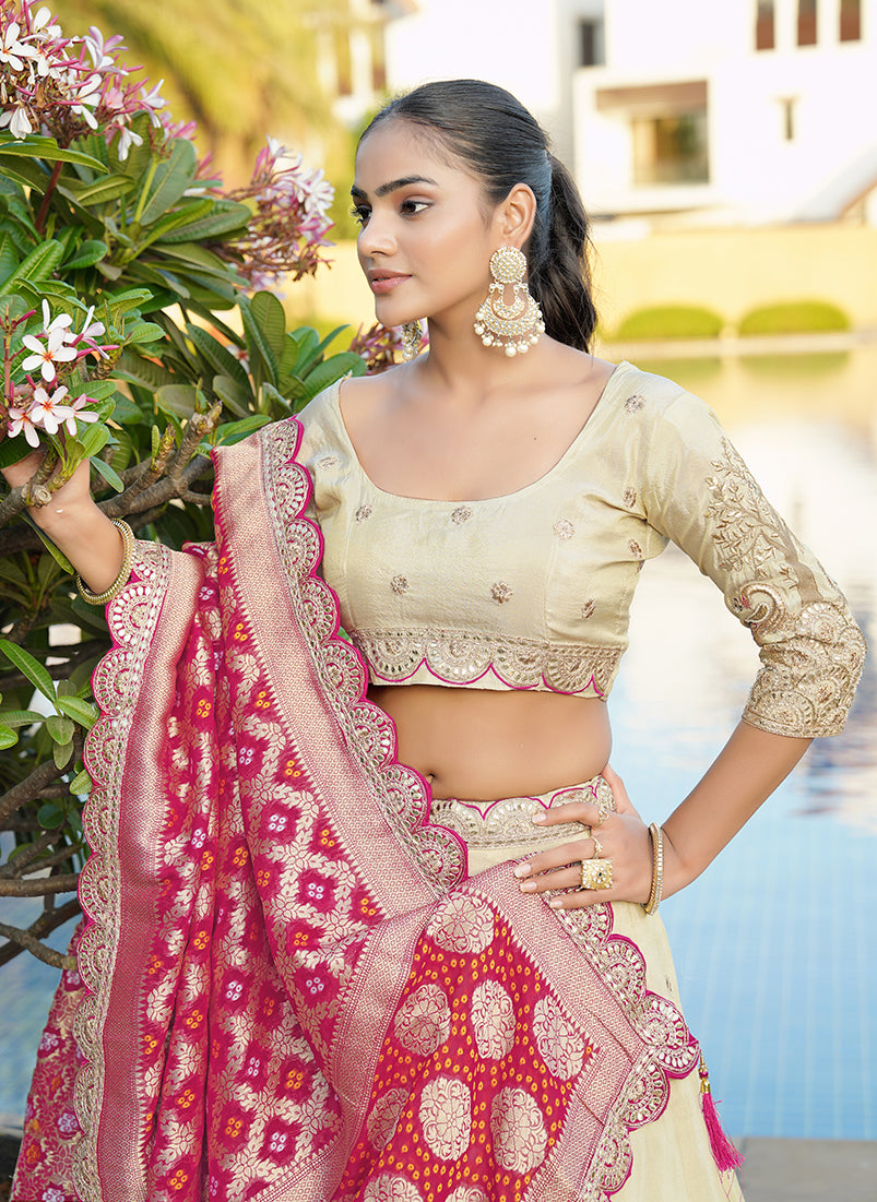 Monjolika Fashion Embroidered Work Viscose Trendy Lehenga Choli in Cream for Festival