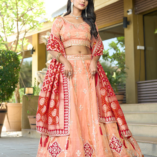 Monjolika Fashion Embroidered Work Viscose Trendy Lehenga Choli in Peach for Festival - Distacart