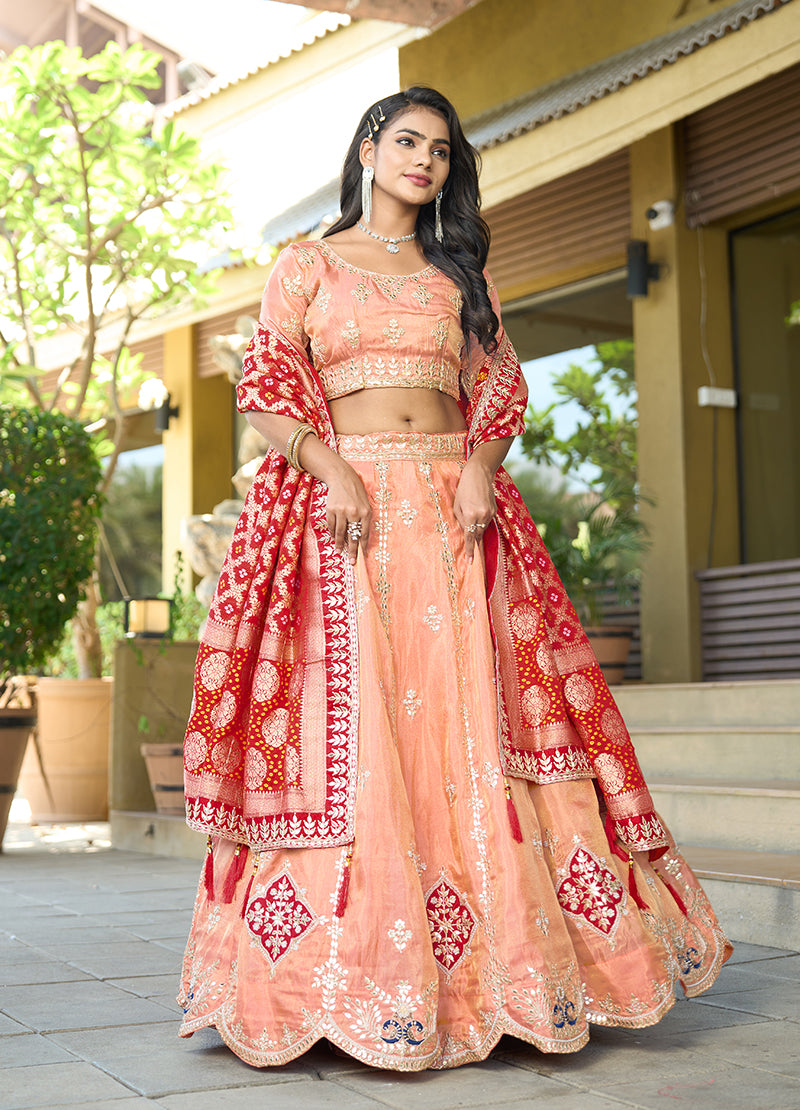 Monjolika Fashion Embroidered Work Viscose Trendy Lehenga Choli in Peach for Festival - Distacart