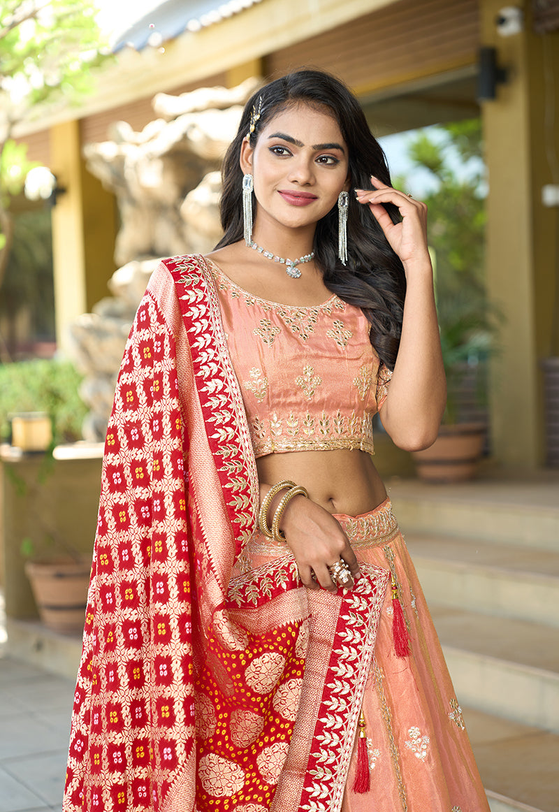 Monjolika Fashion Embroidered Work Viscose Trendy Lehenga Choli in Peach for Festival