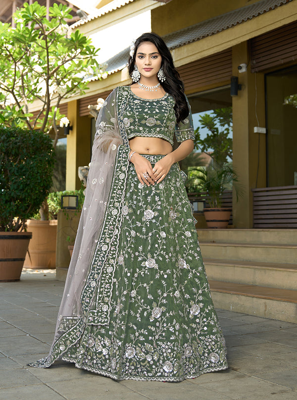 Monjolika Fashion Green Embroidered Lehenga Choli In Tissue