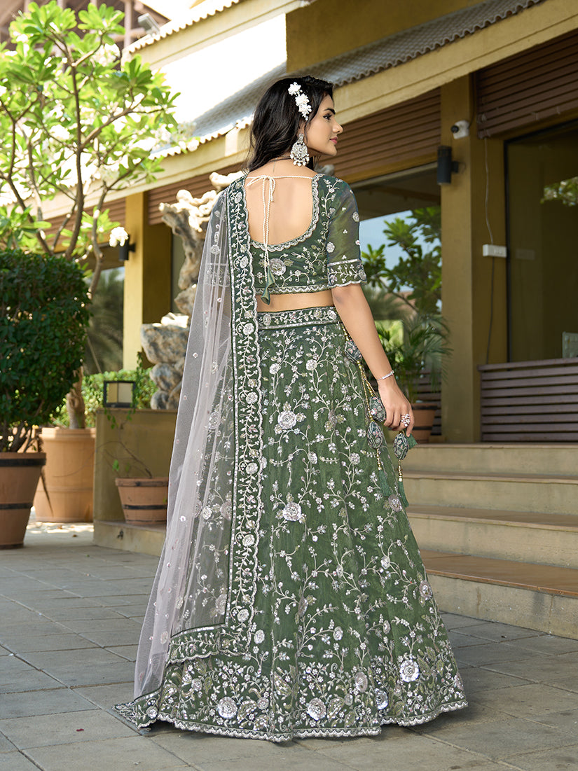 Monjolika Fashion Green Embroidered Lehenga Choli In Tissue