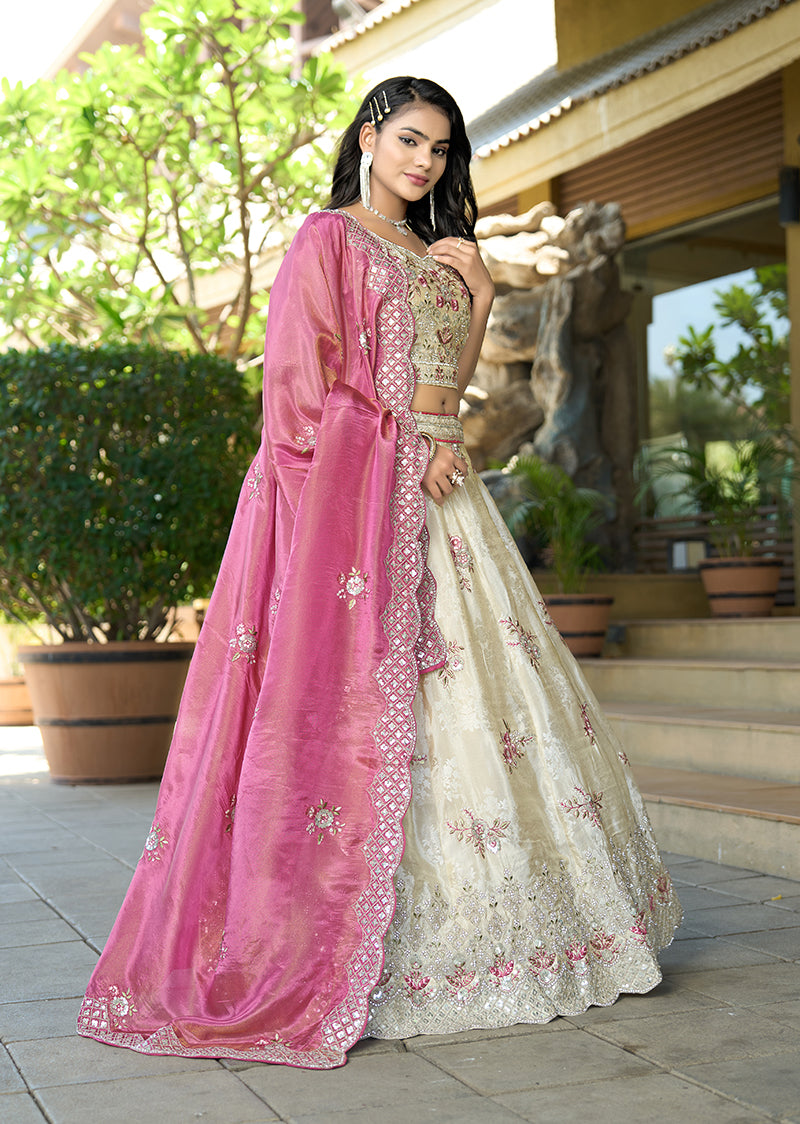 Monjolika Fashion Off White Embroidered Jacquard Lehenga Choli - Distacart