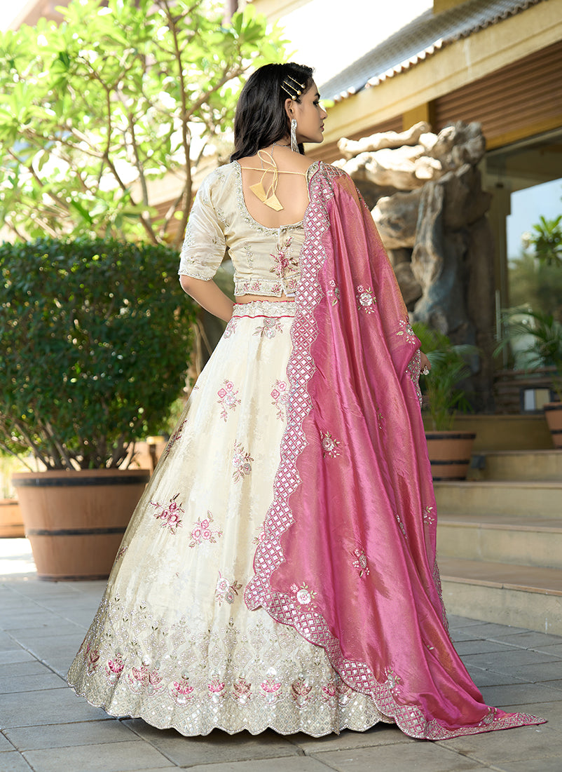Monjolika Fashion Off White Embroidered Jacquard Lehenga Choli
