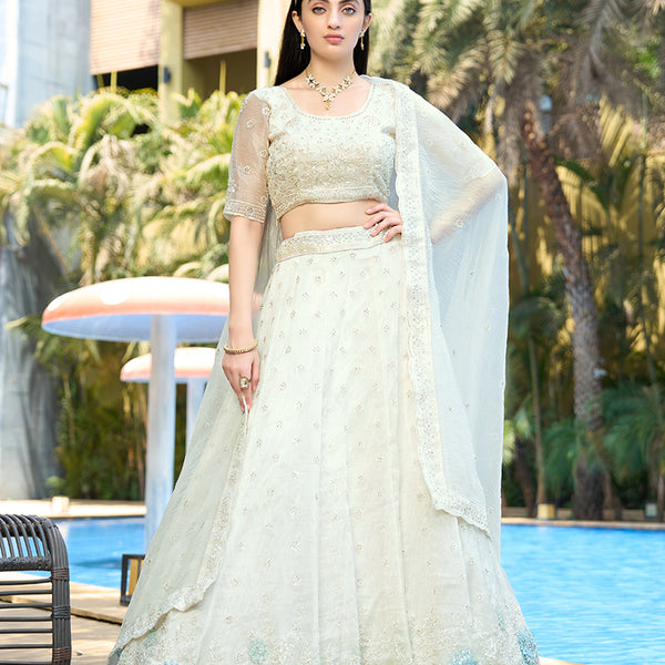 Monjolika Fashion White Embellished Lehenga Choli In Organza - Distacart