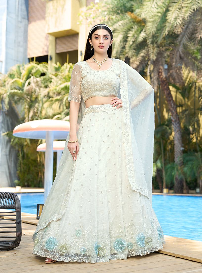 Monjolika Fashion White Embellished Lehenga Choli In Organza - Distacart