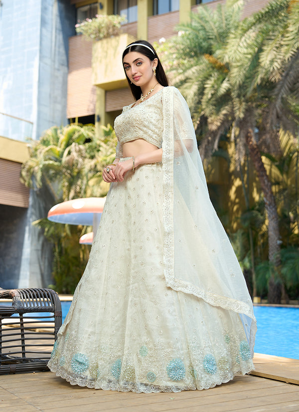 Monjolika Fashion White Embellished Lehenga Choli In Organza