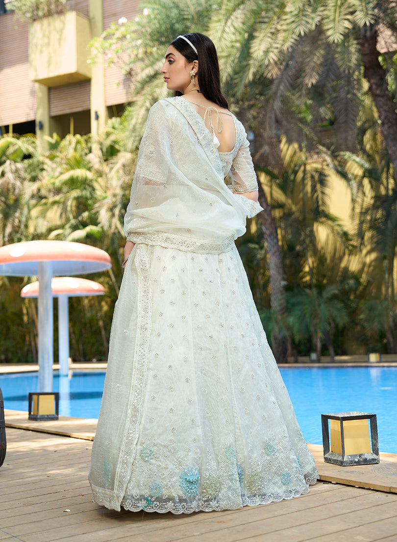 Monjolika Fashion White Embellished Lehenga Choli In Organza