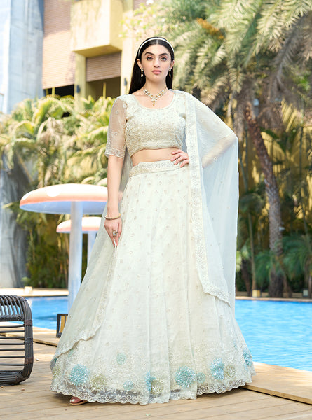 Monjolika Fashion White Embellished Lehenga Choli In Organza