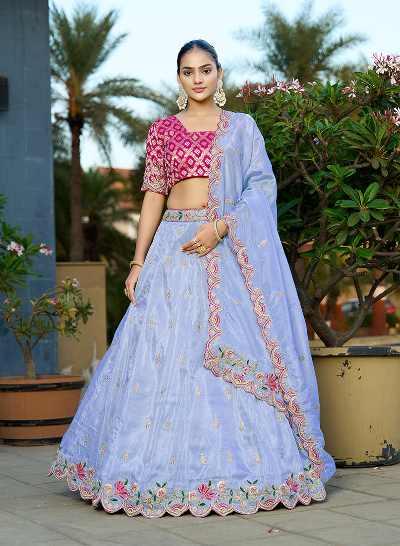 Monjolika Fashion Sky Blue Embroidered Viscose Lehenga Choli - Distacart