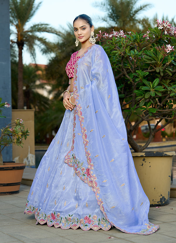 Monjolika Fashion Sky Blue Embroidered Viscose Lehenga Choli