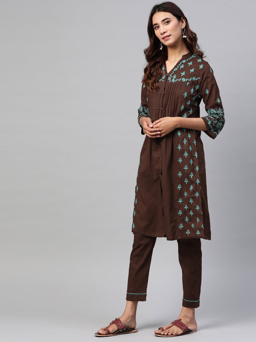 ADA Women Brown & Green Chikankari Embroidered Handloom Kurta with Trousers - Distacart