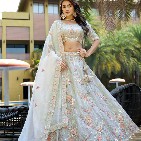 Monjolika Fashion Silk Embroidered Light Grey Designer Lehenga Choli - Distacart