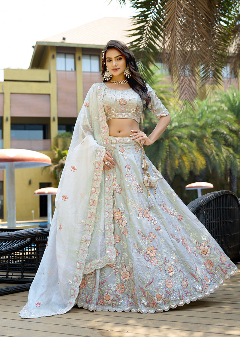 Monjolika Fashion Silk Embroidered Light Grey Designer Lehenga Choli - Distacart