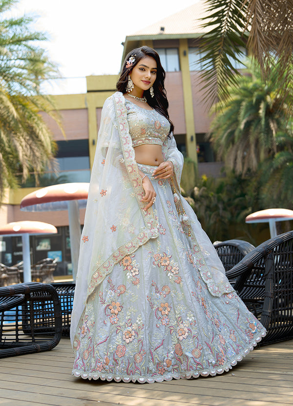 Monjolika Fashion Silk Embroidered Light Grey Designer Lehenga Choli