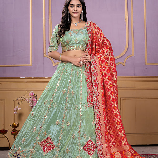 Monjolika Fashion Viscose Pista Green Embroidered Reception Lehenga Choli - Distacart