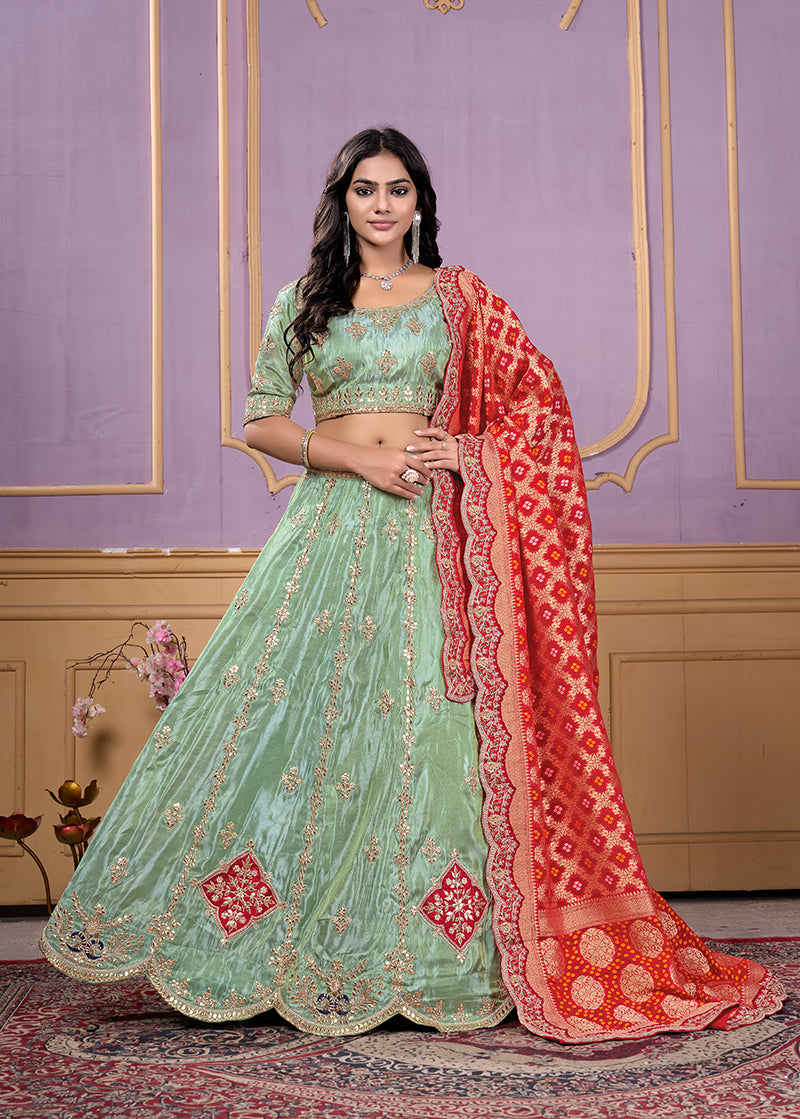 Monjolika Fashion Viscose Pista Green Embroidered Reception Lehenga Choli - Distacart