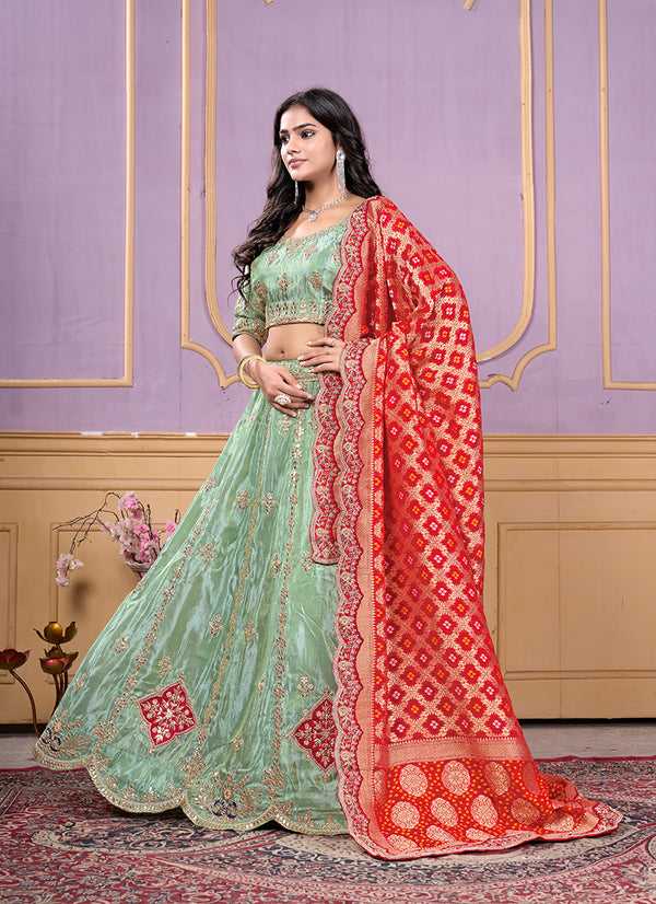 Monjolika Fashion Viscose Pista Green Embroidered Reception Lehenga Choli