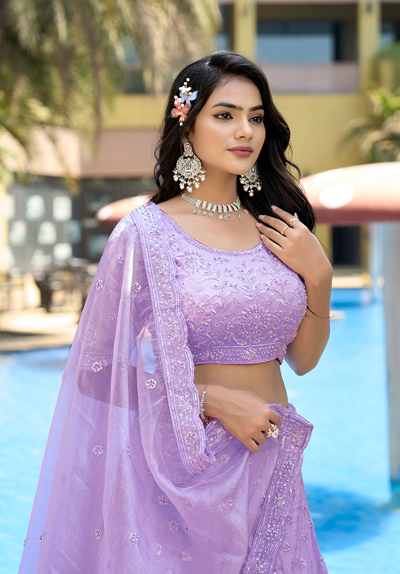 Monjolika Fashion Organza Lavender Sequins Work Lehenga Choli Set