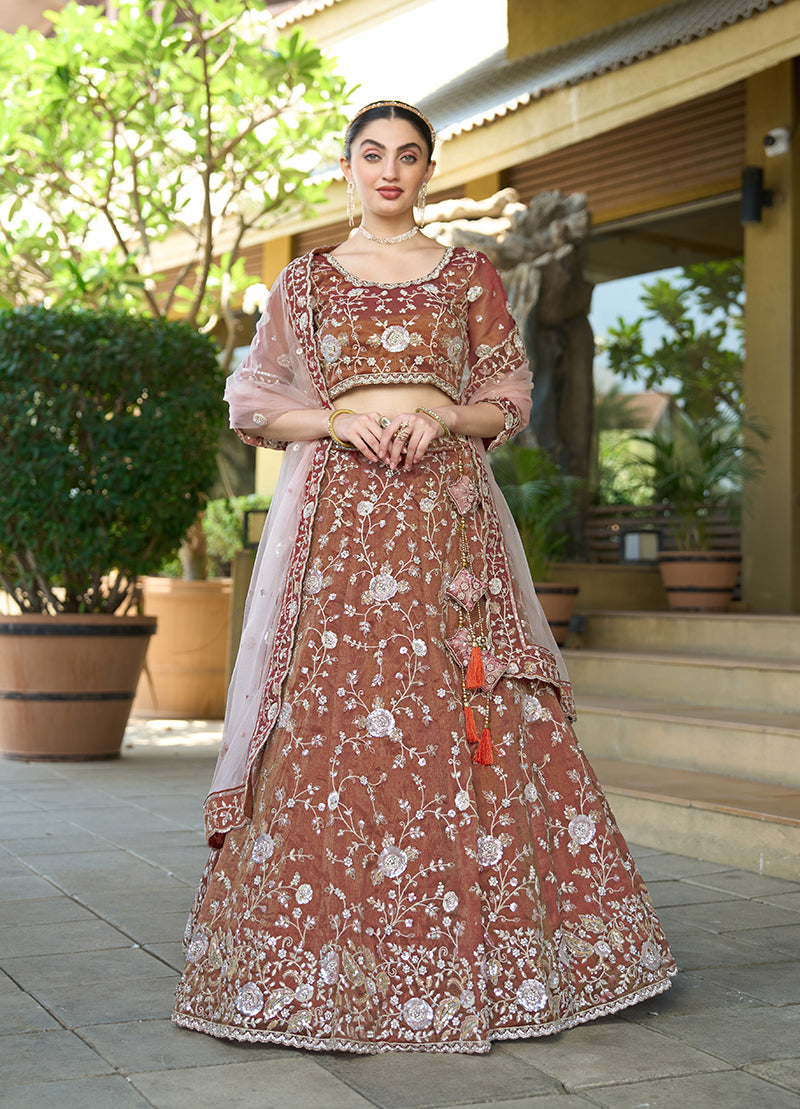 Monjolika Fashion Brown Tissue Embellished Lehenga Choli