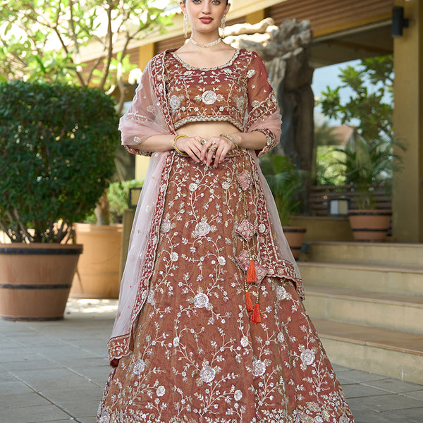 Monjolika Fashion Brown Tissue Embellished Lehenga Choli - Distacart