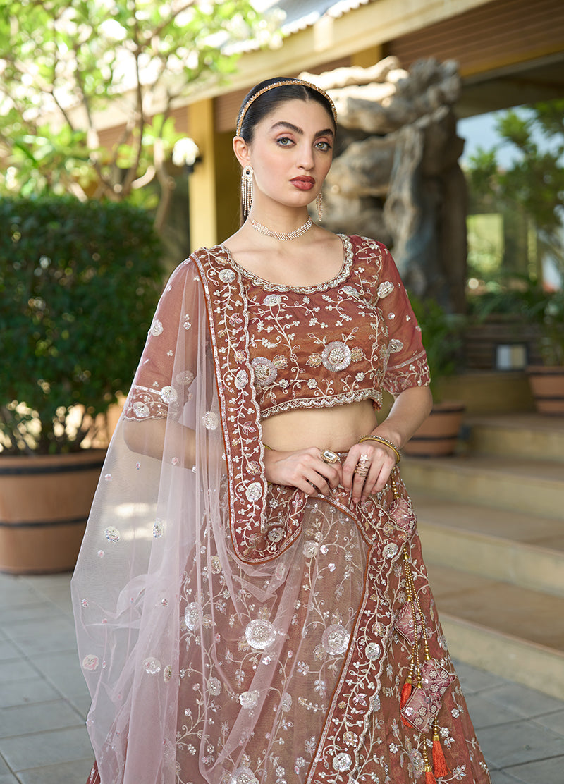 Monjolika Fashion Brown Tissue Embellished Lehenga Choli