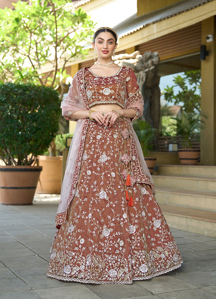 Monjolika Fashion Brown Tissue Embellished Lehenga Choli