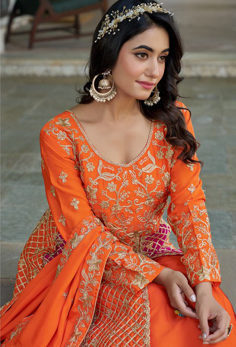 Monjolika Fashion Orange And Pink Embroidered Anarkali Gown