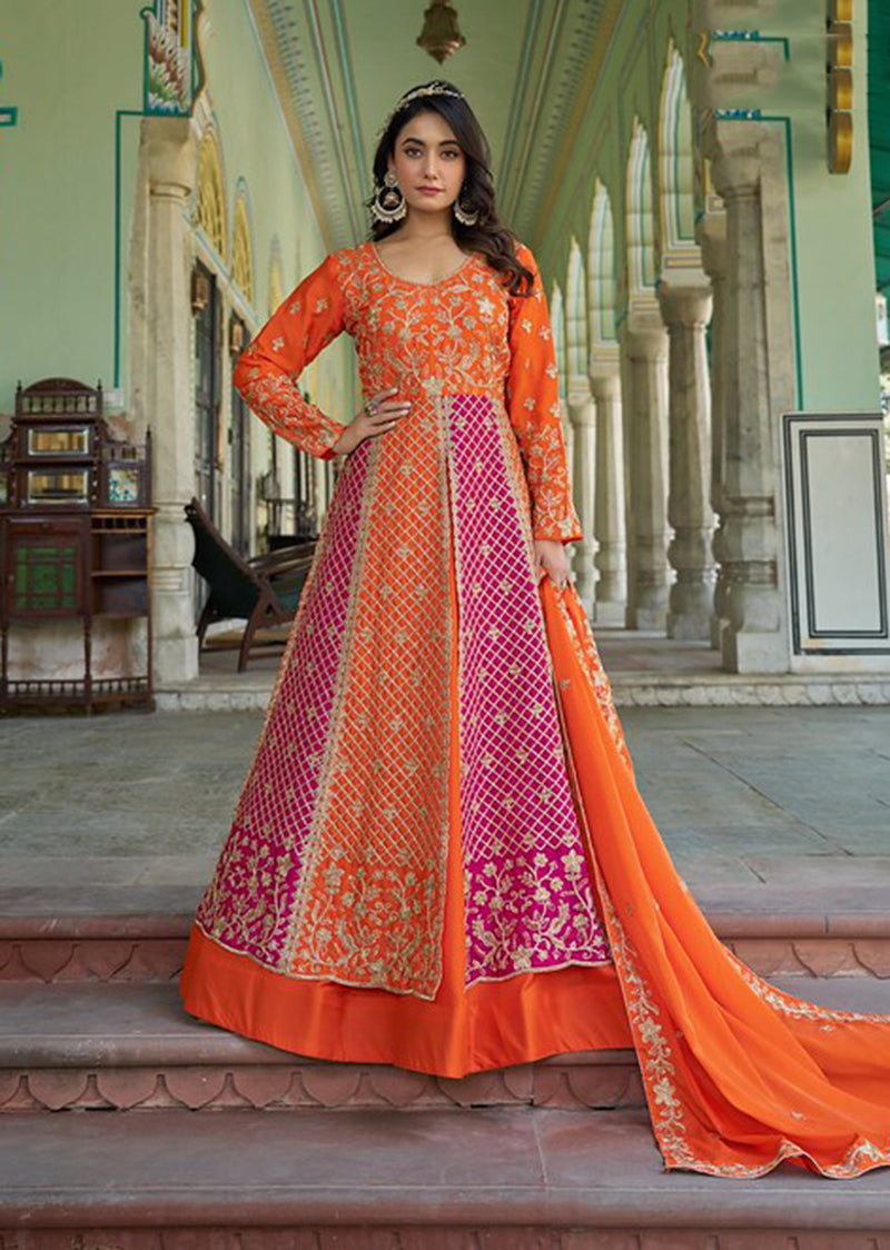 Monjolika Fashion Orange And Pink Embroidered Anarkali Gown