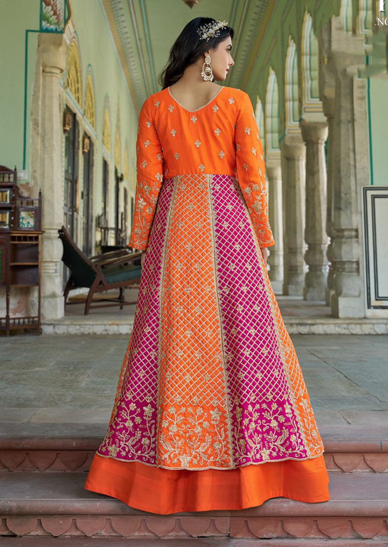 Monjolika Fashion Orange And Pink Embroidered Anarkali Gown