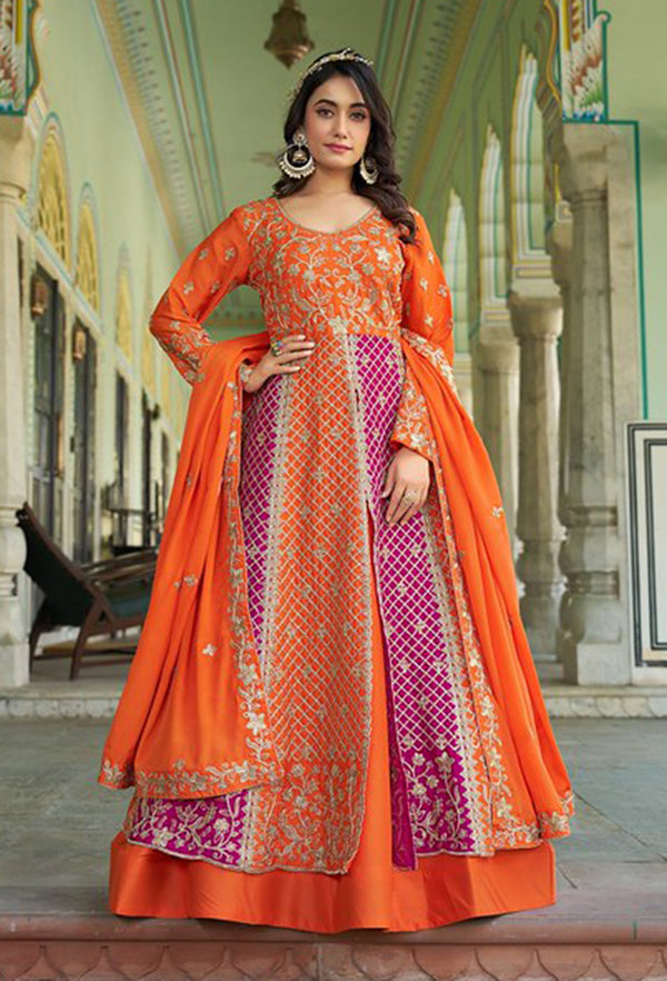 Monjolika Fashion Orange And Pink Embroidered Anarkali Gown