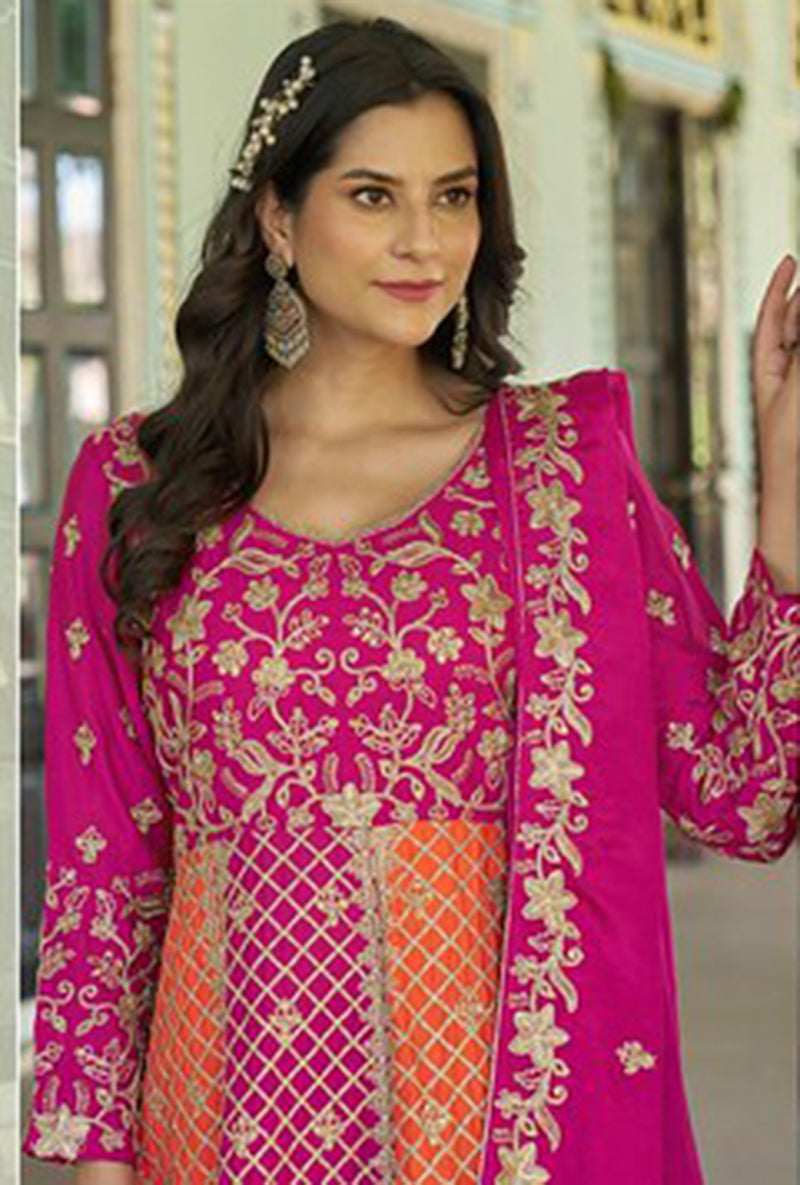 Monjolika Fashion Rani Pink And Orange Embroidered Anarkali Gown