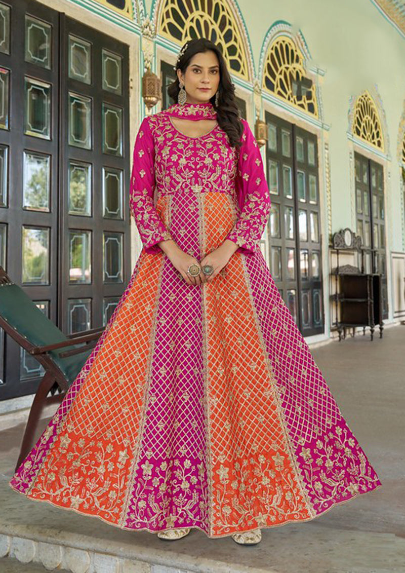 Monjolika Fashion Rani Pink And Orange Embroidered Anarkali Gown