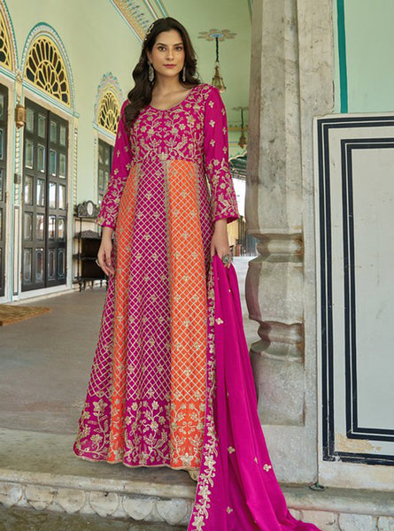 Monjolika Fashion Rani Pink And Orange Embroidered Anarkali Gown