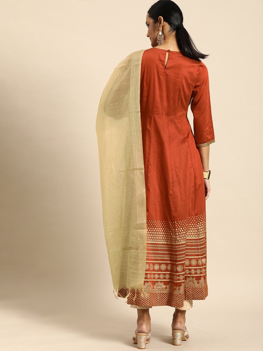 All About You Women Orange& Cream Embroidered Kurta with Dupatta - Distacart