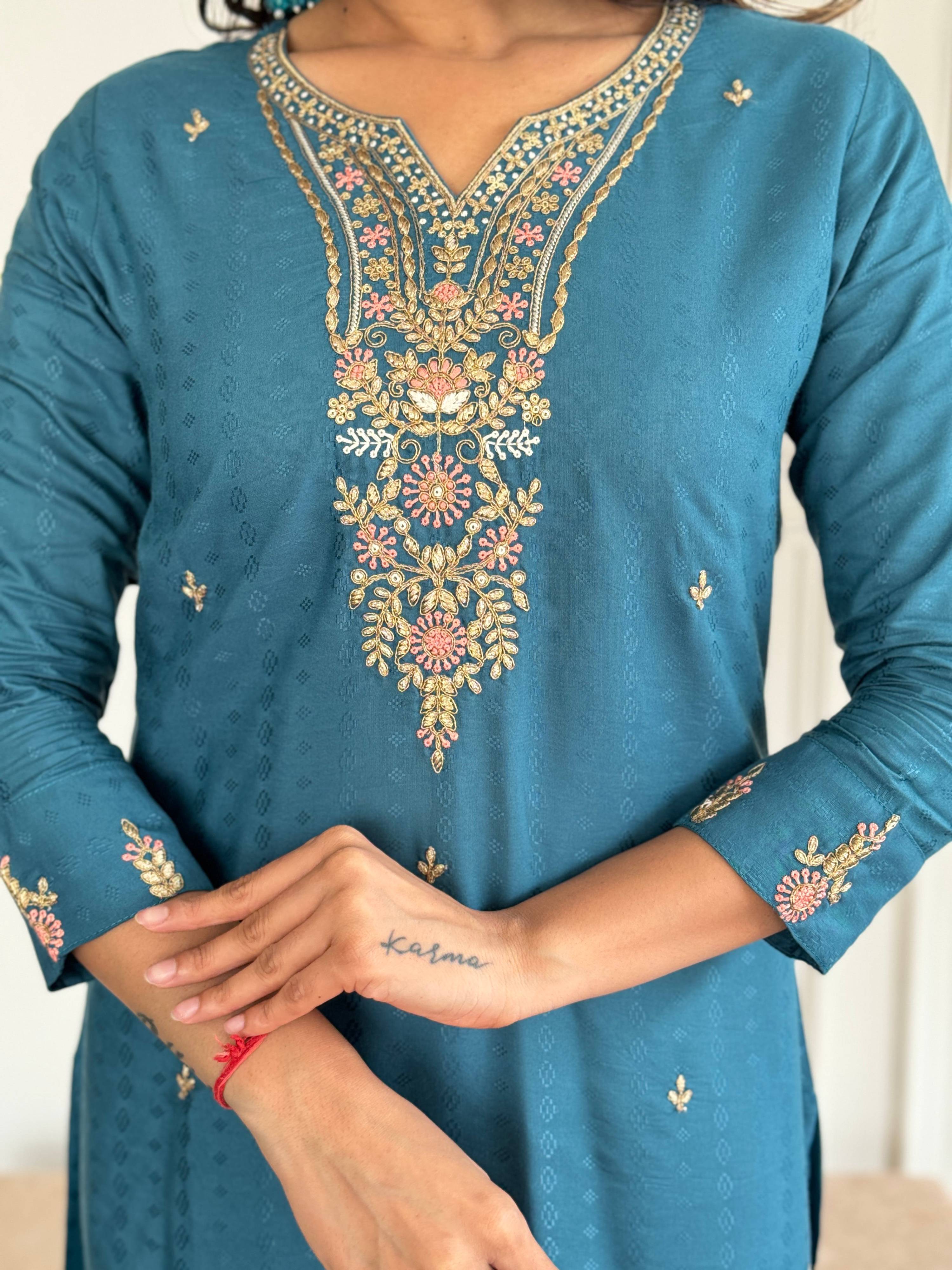 The52 Rama Embroidered Viscose Blend Fabric Straight Kurta, Pant and Dupatta Set